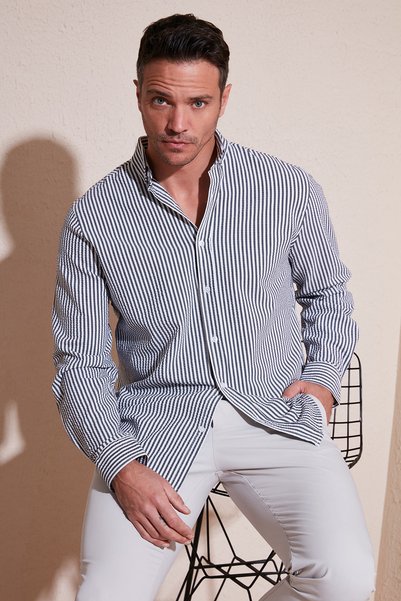 Cotton Striped Button Collar Long Sleeve Regular Fit Shirt Men's Shirt Cf23s112237