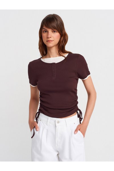 31816 100% Cotton Double Layer Drawstring T-Shirt-Brown