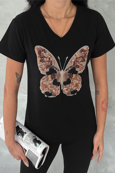 Women's Black V-Neck Butterfly Pattern Sequin and Embroidery Embroidered 100% Cotton T-Shirt
