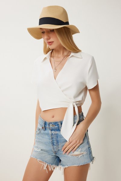 Women's Bone Wrap Collar Crop Woven Blouse Li̇00122
