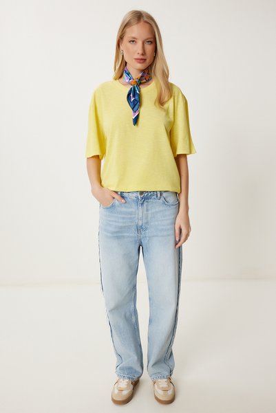 Women's Yellow Washed Basic Knitted T-Shirt An00258