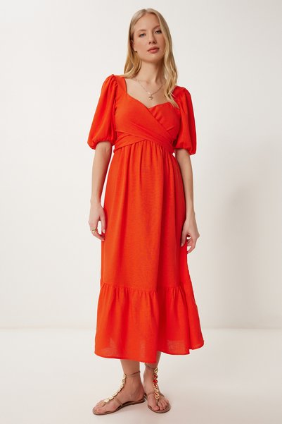 Women's Dark Orange Binding Detail Summer Linen Dress Fk00021
