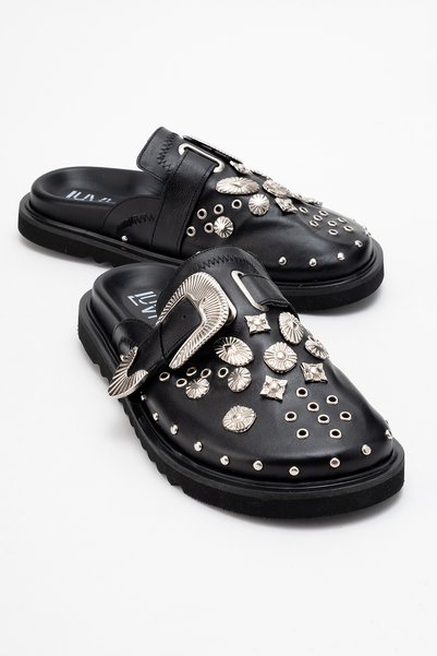 Maril Black Skin Genuine Leather Belt Buckle Closed Toe Women's Slippers