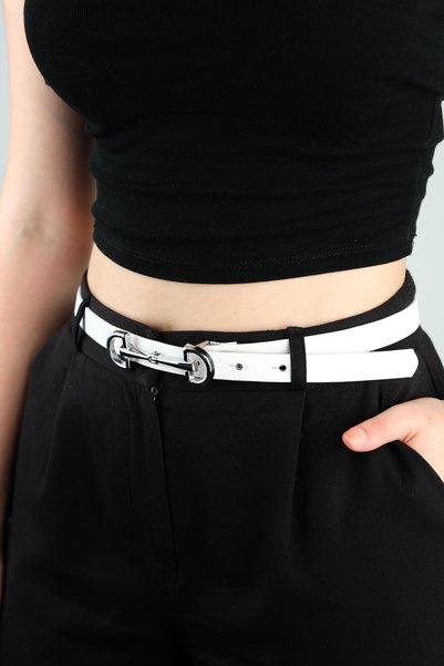 Women's White Thin Faux Leather Belt with White Metal Buckle Accessory