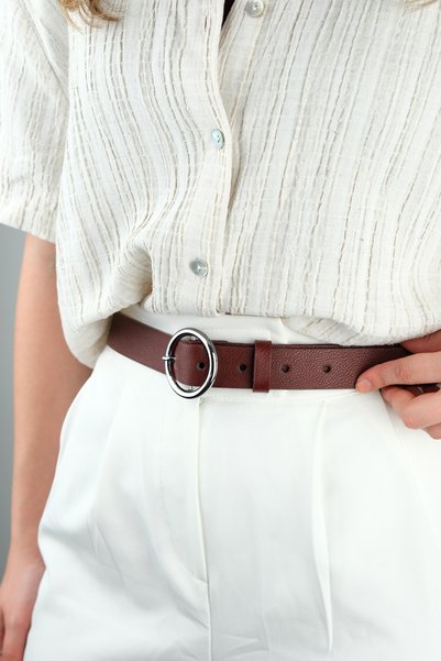 Women's Brown Round Ring Buckle 100 cm Leather Belt