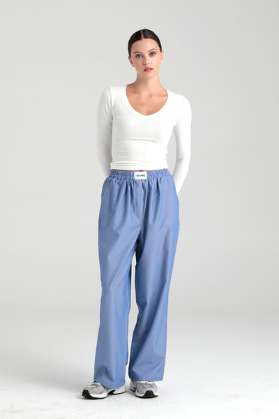 Poplin Striped Elastic Waist Trousers Dark Blue