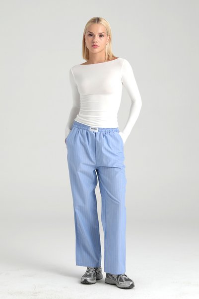 Poplin Striped Elastic Waist Trousers Light Blue