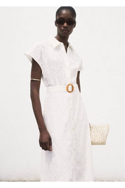Belted Embroidered Shirt Dress