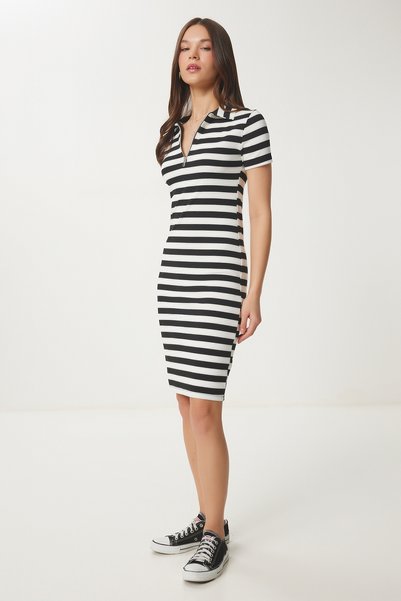 Women's Black Bone Striped Summer Knitted Dress An00232