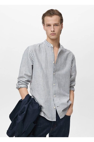 Priest Collar Striped Linen Shirt