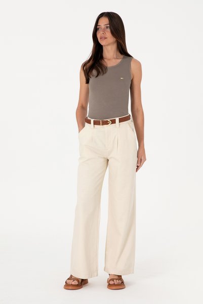 Women's Ecru Loose Fit Canvas Trousers 50309133-Vr019