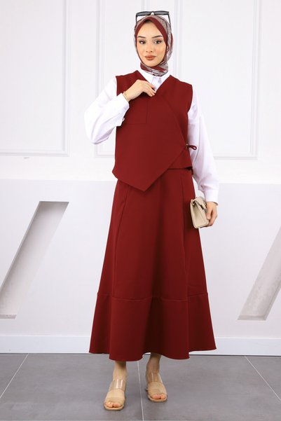 Claret Red Single Pocket Vest Skirt Suit