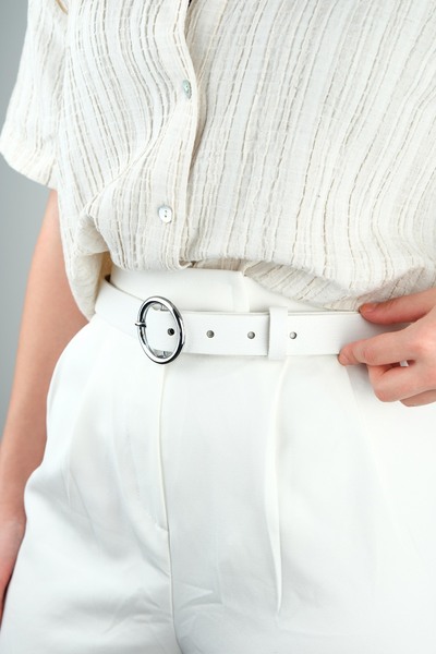 Women's White Round White Buckle Stylish Leather Belt 100 cm