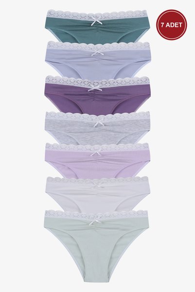 Women's Front Waist Lace Gathered and Bow Detailed Elastic Panties, Pack of 7