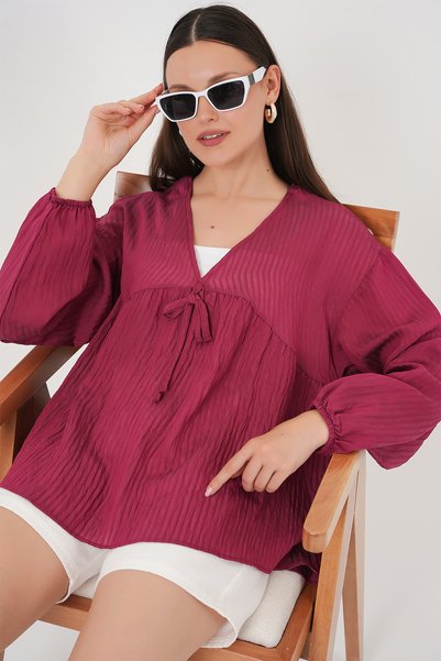 Women's Front Lace-Up Long Sleeve Blouse 946 - Claret Red