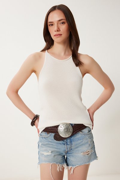 Women's Ecru Strappy Summer Mercerized Knitwear Blouse Ns00418