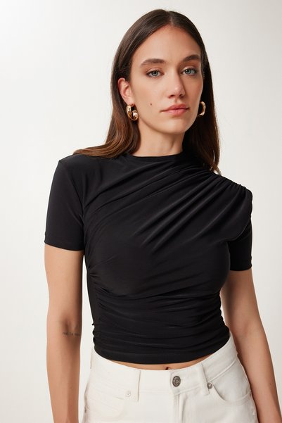 Women's Black Gathered Sandy Knitted Blouse Ff00172
