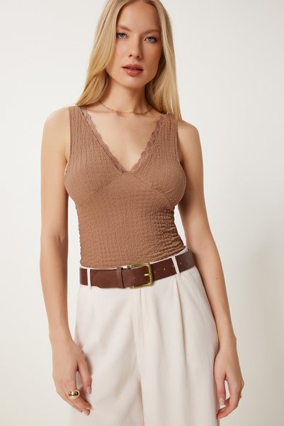 Women's Brown Textured Lace Flexible Knitted Blouse Hf00475