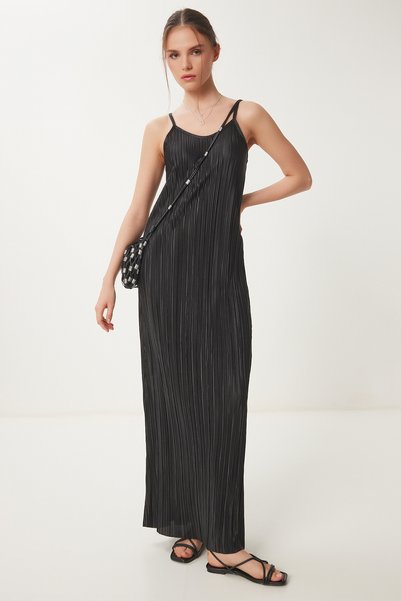 Strappy Summer Pleated Dress Black Ldz0005