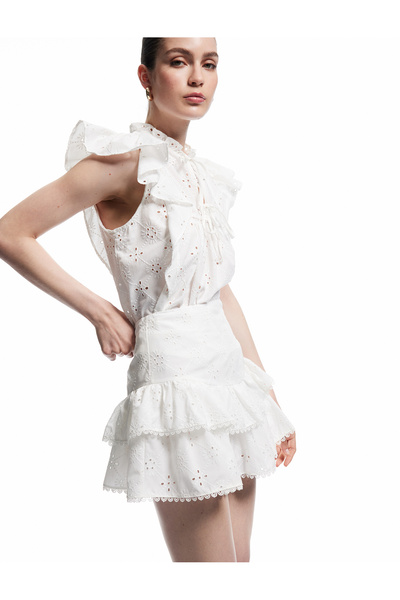 X Selected by Melis Ağazat - Lined Embroidered Scalloped Ruffled Mini Skirt