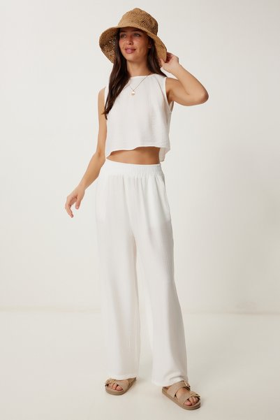 Tie Detailed Blouse Trousers Set Ecru Lrv0104