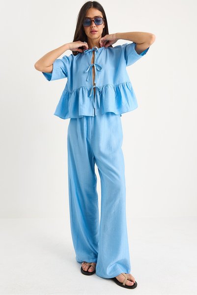 Women's Baby Blue Tie Detail Short Sleeve Blouse Trousers Bottom-Top Set 9265 60281014