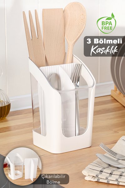 3 Compartment Countertop Cutlery Holder - Spoon Knife Stand with Removable Compartments Kitchen Organizer White