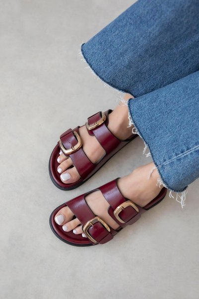 Harden Women's Buckle Detail Daily Comfort Leather Slippers Claret Red