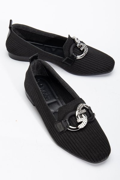 Women's Black Front Buckle Detailed Knitwear Ballerina Ballet