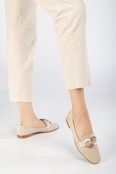 Women's Beige Front Buckle Detailed Knitwear Ballerinas