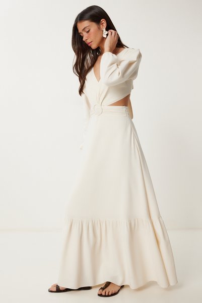 Padded Back Low-Cut Summer Linen Dress Cream Lfg0013