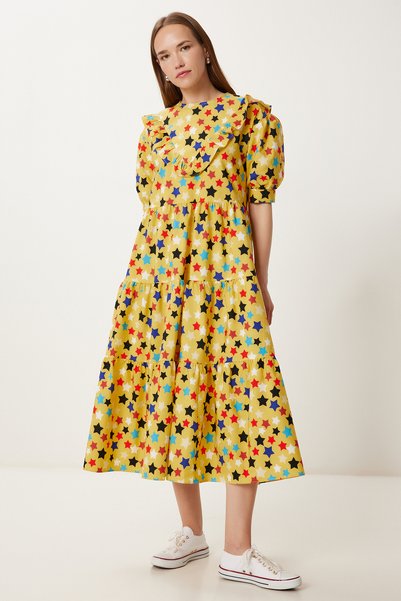 Women's Yellow Patterned Summer Midi Poplin Dress Fk00032