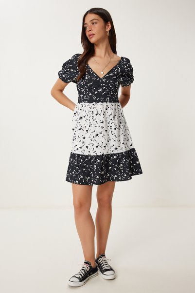 Women's Black White Heart Pattern Summer Mini Dress Tp00052