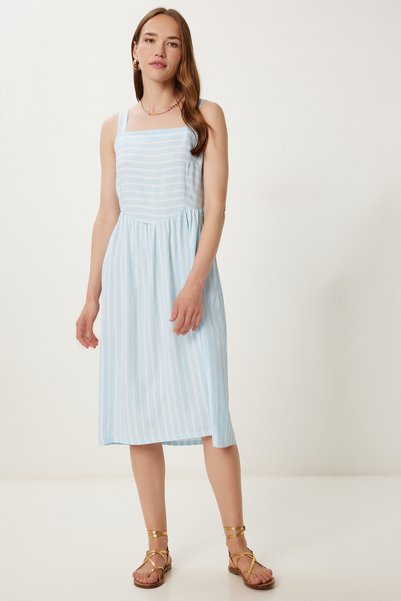 Women's Sky Blue Strap Striped Summer Crinkle Dress Tp00054