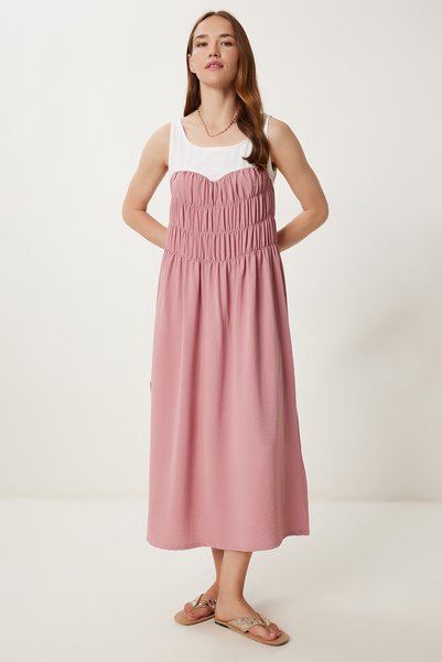 Women's Dusty Rose Contrast Color Flounced Midi Ayrobin Dress Tp00063