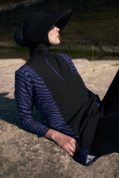 Zebra Patterned 4-Piece Hijab Swimsuit 6227 Black/Sax