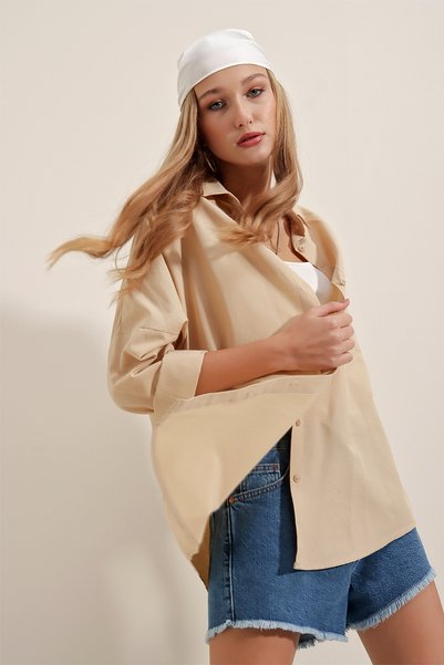 3900 Oversized Long Basic Shirt - Beige