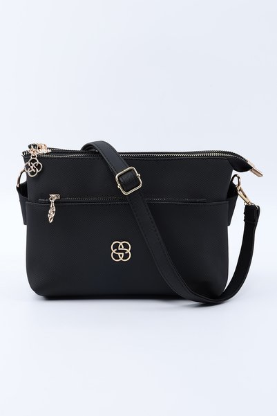 Black Shk226 Faux Leather, Zippered 3 Compartment Hand, Arm and Shoulder Bag