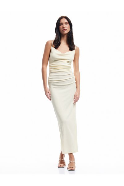 Back Slit Detail Draped Textured Thin Strap Midi Length Dress