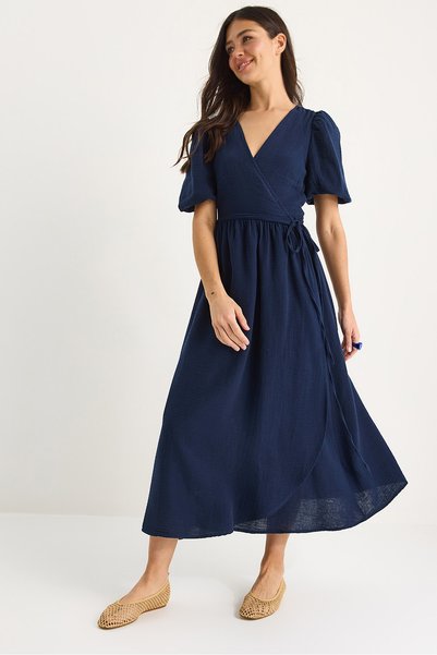 Women's Navy Blue Double Breasted Closed Balloon Sleeve Long Muslin Dress 3034 60283364