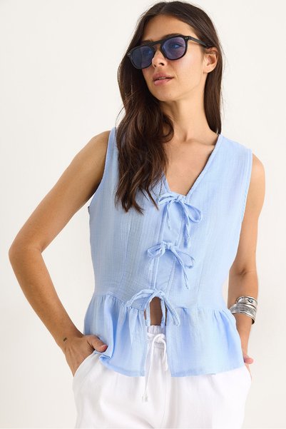 Women's Baby Blue V-Neck Bow Detailed Muslin Peplum Blouse G28-4883 60283356