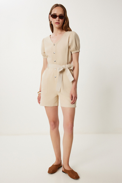 Women's Cream Belted Mini Gabardine Jumpsuit Wf00112
