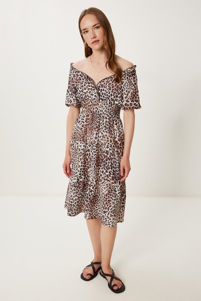 Women's Beige Brown Leopard Print Flounced Midi Dress Tp00069