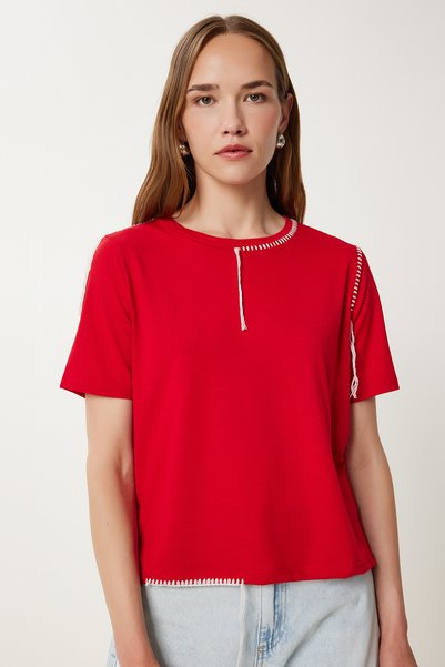 Women's Red Contrast Stitching Detailed Knitted T-Shirt Tp00087