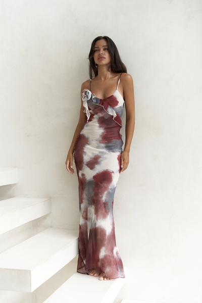 Purtyas Ruffle Detailed Burgundy Long Dress