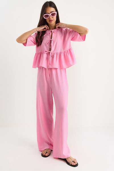 Women's Candy Pink Tie Detail Short Sleeve Blouse Trousers Bottom-Top Set 9265 60281014