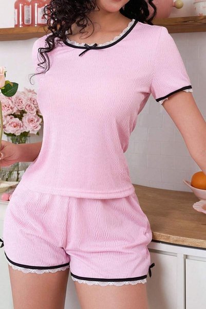 Jacquard Pink Lace Detail Shorts Pajama Set