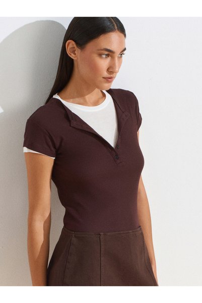 31783 100% Cotton Double Layer Buttoned T-Shirt-Brown