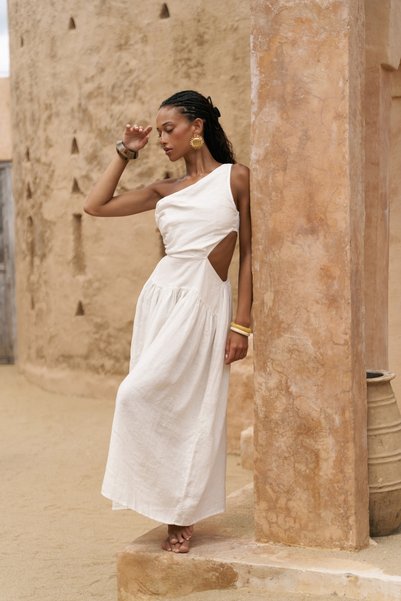 Mharia Asymmetric Detail White Long Linen Dress