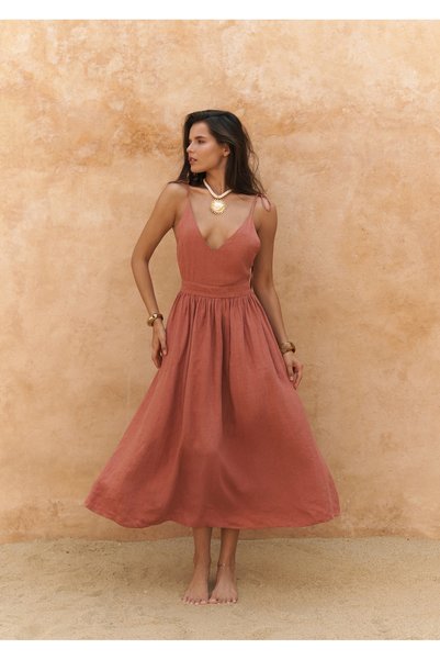 Eara Strap Cinnamon Long Linen Dress